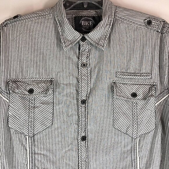 BKE Gray And White Striped Button Up Shirt Size 2XL - Picture 3 of 5